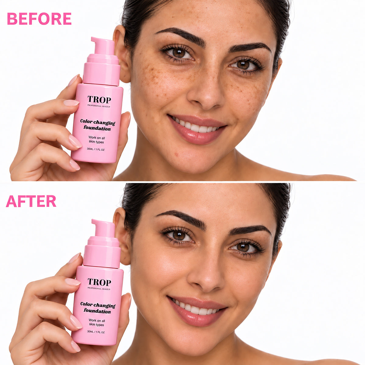 Trop™ Clean Color-Changing Foundation ( 30ML - Includes SPF 50+  ) before and after