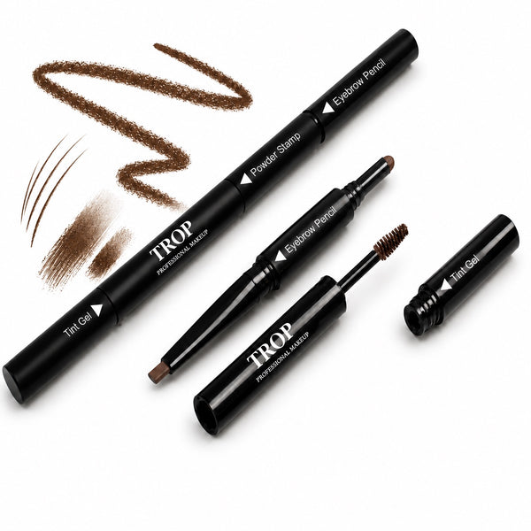 Shade: 01 Dark Brown | Trop Brow, Done. 3-in-1 Eyebrow Filler, Dark Brown, pencil and swatch